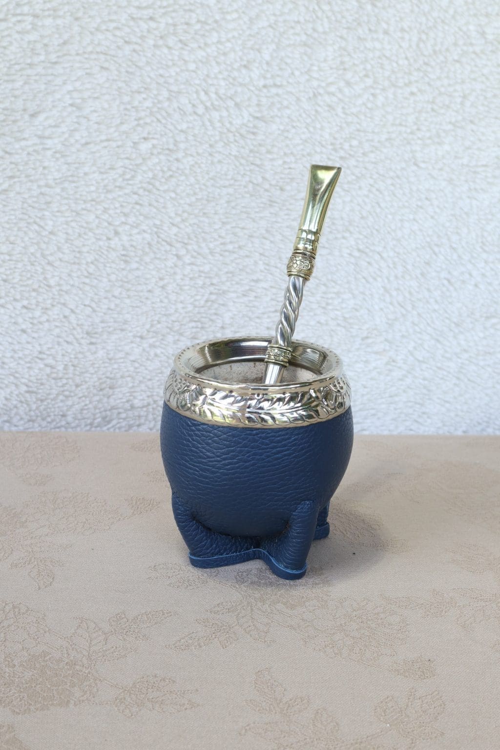 Mate torpedo de calabaza hecho a mano, doble cuero azul con bombilla de alpaca
