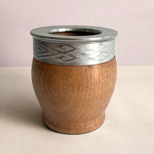 Wooden maté calabash. Handmade in Argentina and reinforced with an Alpaca Virola.