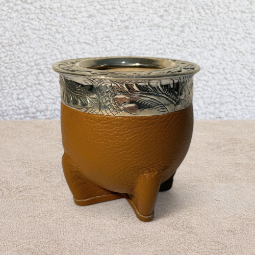 Maté impérial artisanal double cuir beige avec virola en alpaca