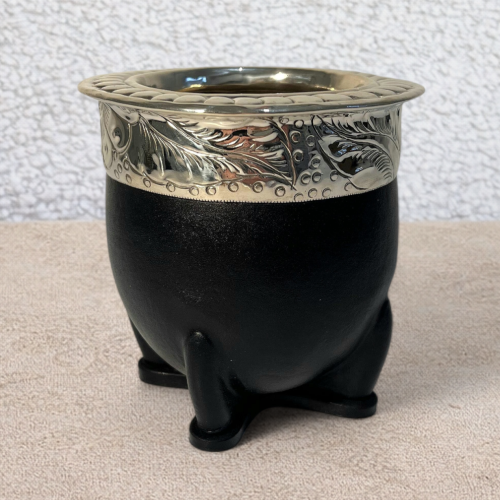 Artisanal black imperial calabaza mate gourd in leather with alpaca rim