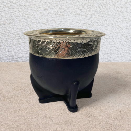 Calebasse à maté impérial artisanale bleue en cuir avec virola en alpaca