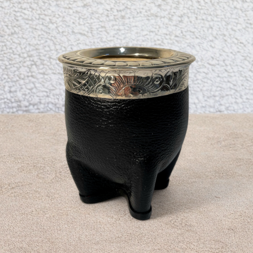 Calebasse à maté impérial double cuir noir avec virola en alpaca