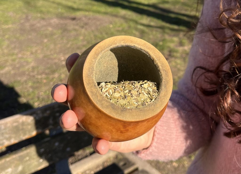 Mate de calabaza, bombilla y termo para preparar mate